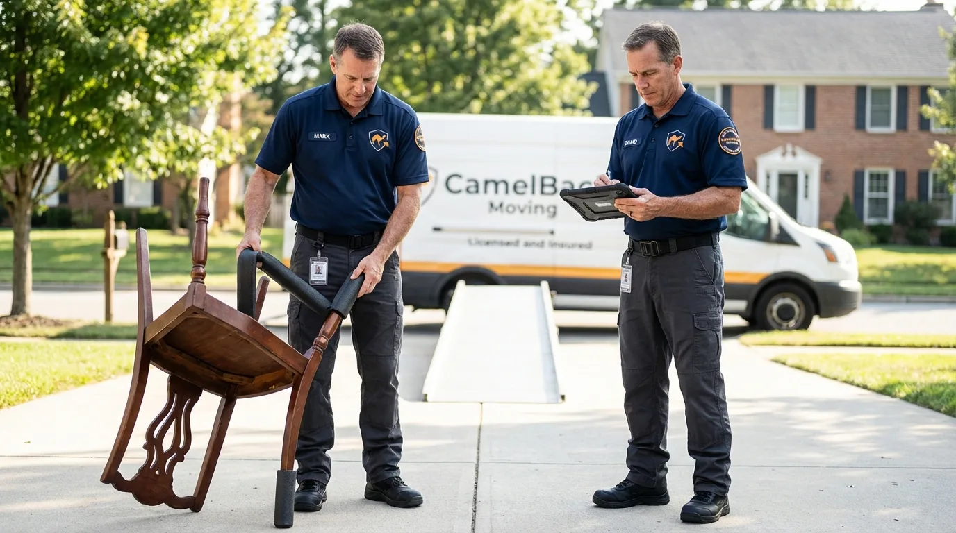 Movers inspecting furniture for damage prevention before loading in Grambling, LA