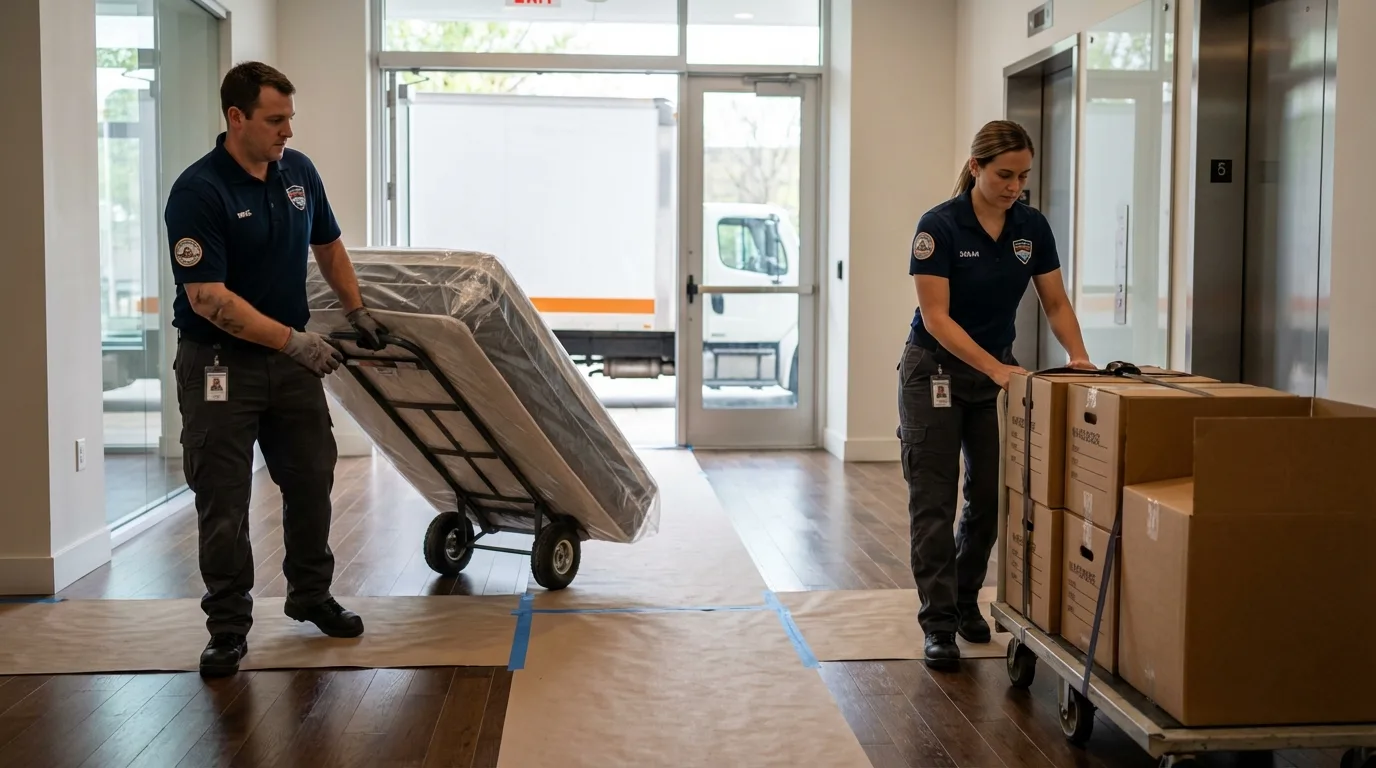 Professional apartment movers loading elevator in Grambling, LA